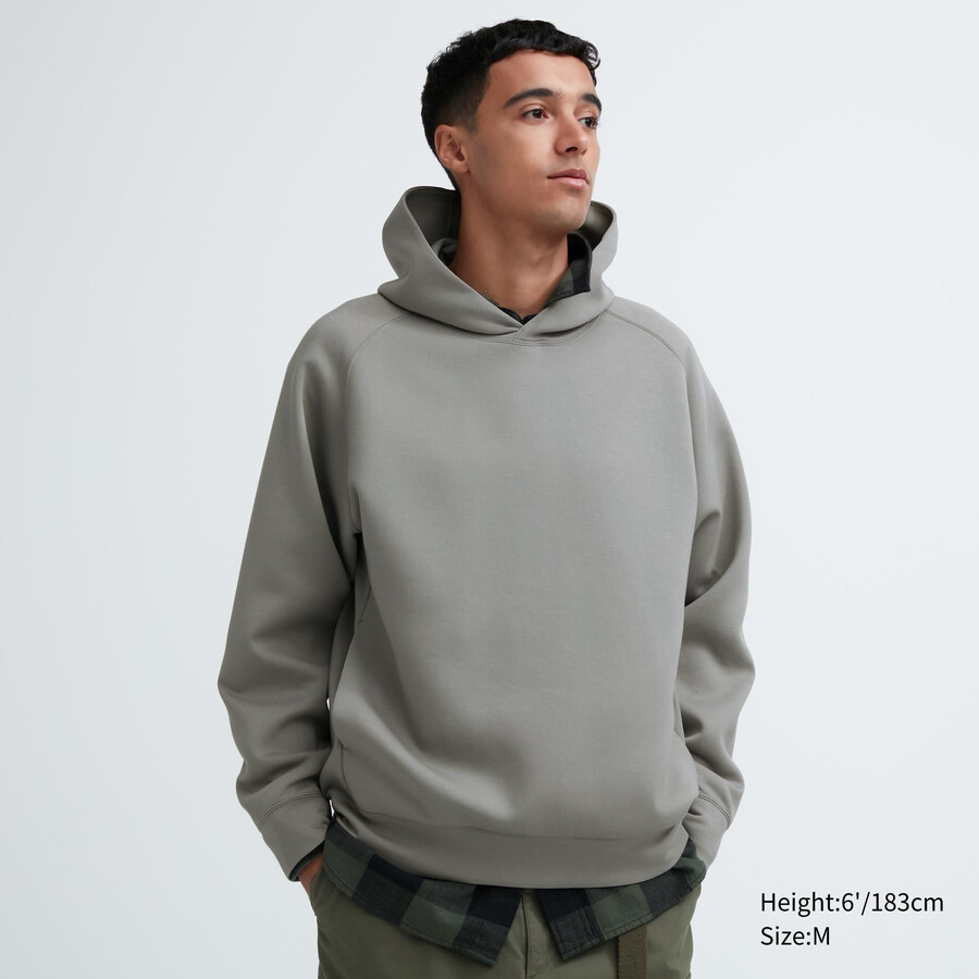 grå uniqlo dry sweat stretch pullover-huvtröja för män