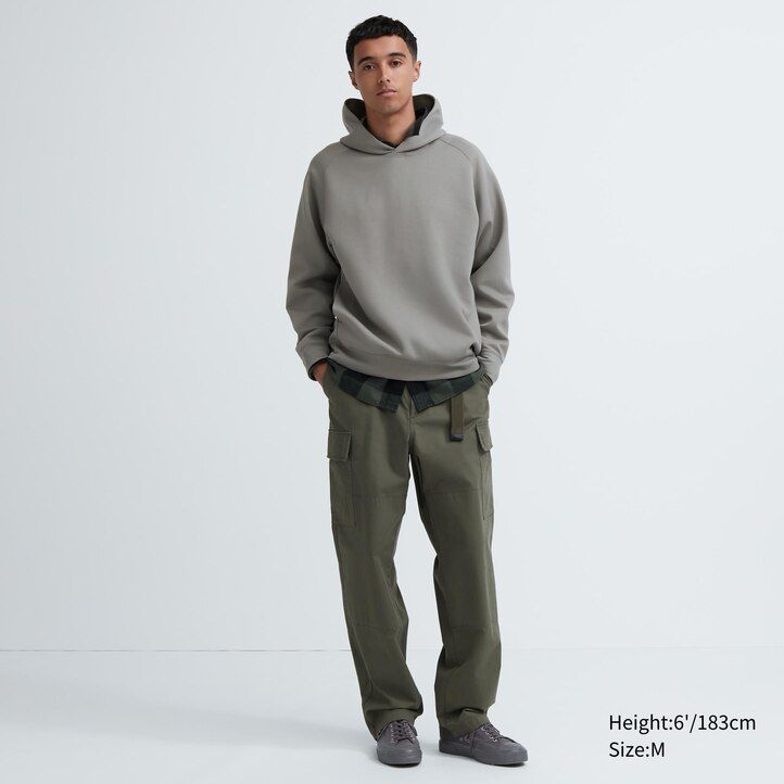 grå uniqlo dry sweat stretch pullover-huvtröja för män