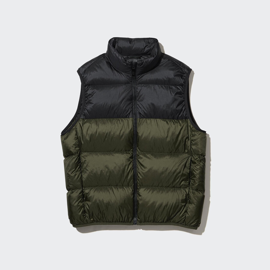 olivgrön uniqlo ultra light dunjacka med färgblock för herr