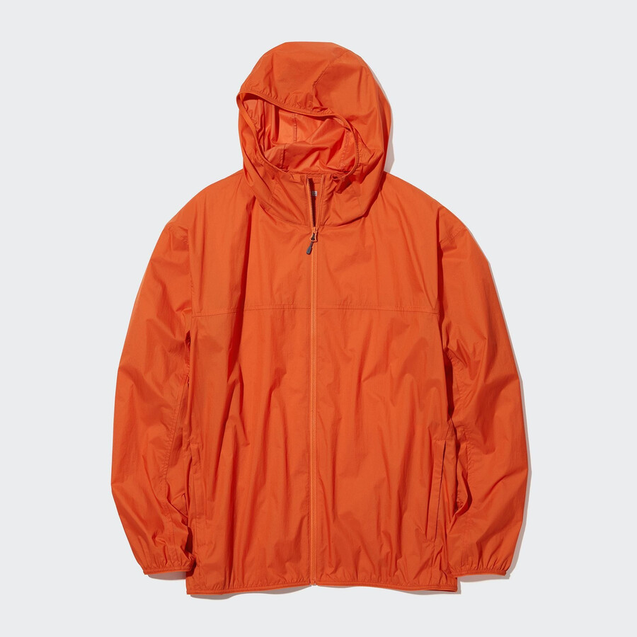 orange uniqlo herrjackor med uv-skydd och 3d-snitt fickor