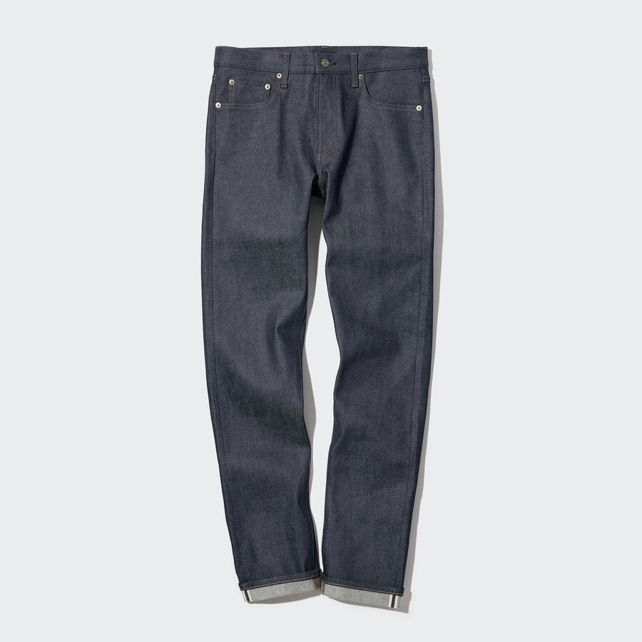 marinblå uniqlo selvedge stretch slim fit herrjeans