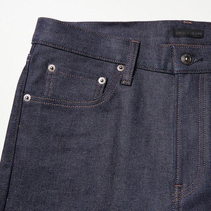 marinblå uniqlo selvedge stretch slim fit herrjeans