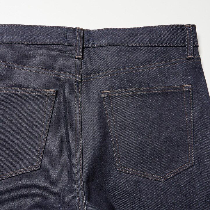 marinblå uniqlo selvedge stretch slim fit herrjeans