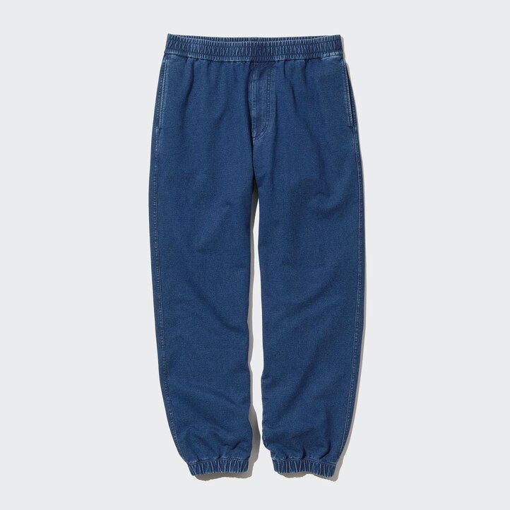 blå herr uniqlo tvättade jersey-joggingbyxor med denimlook
