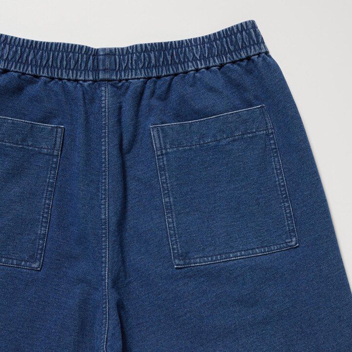 blå herr uniqlo tvättade jersey-joggingbyxor med denimlook