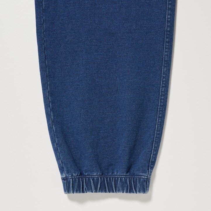 blå herr uniqlo tvättade jersey-joggingbyxor med denimlook