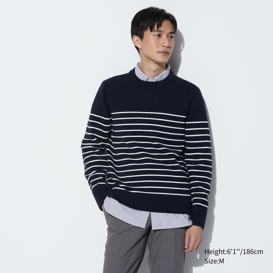 uniqlo washable milano ribbed randig rund hals herrtröjor marinblå