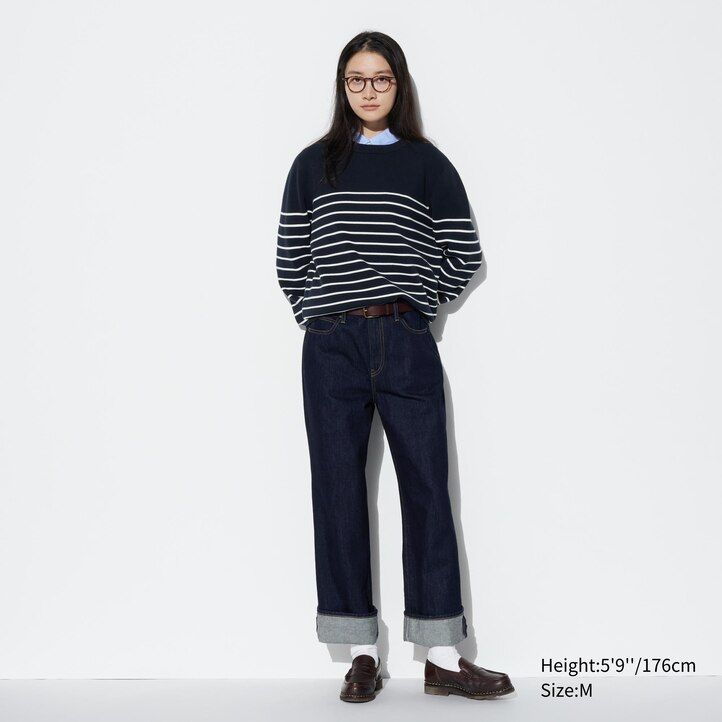 uniqlo washable milano ribbed randig rund hals herrtröjor marinblå