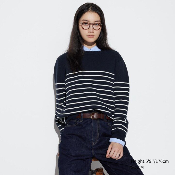 uniqlo washable milano ribbed randig rund hals herrtröjor marinblå