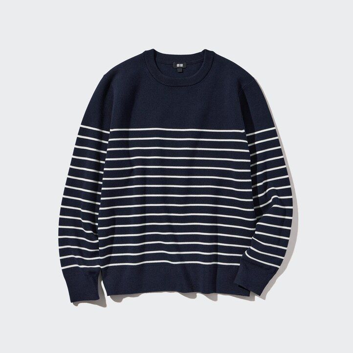 uniqlo washable milano ribbed randig rund hals herrtröjor marinblå