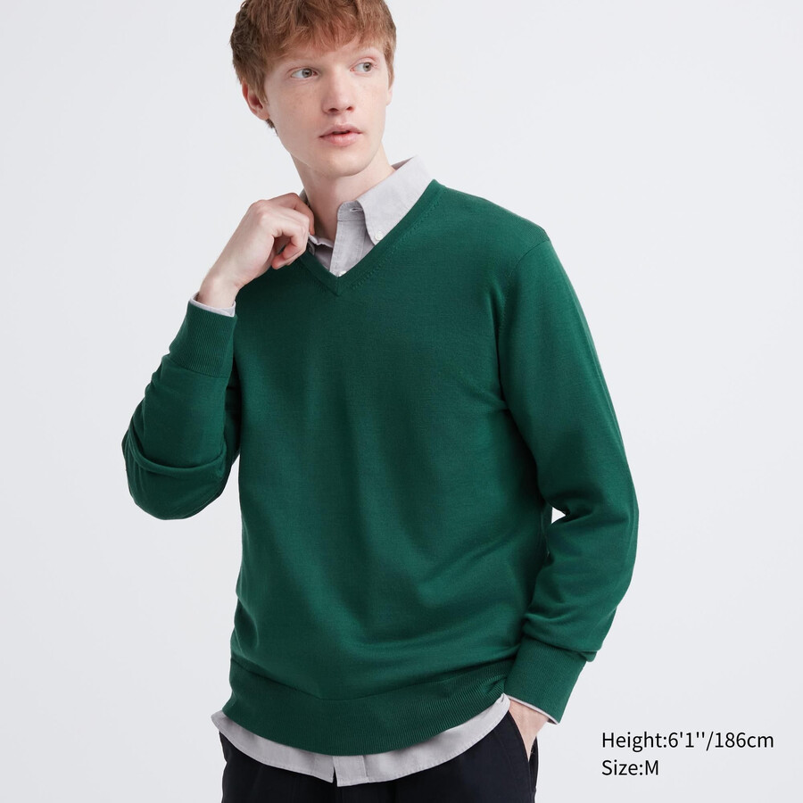 uniqlo extra fine merino v-ringad herrtröja grön