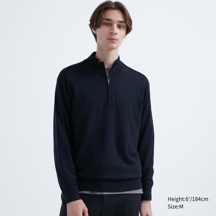 uniqlo 100 extra fin merinoull herrtröja med halv dragkedja marinblå