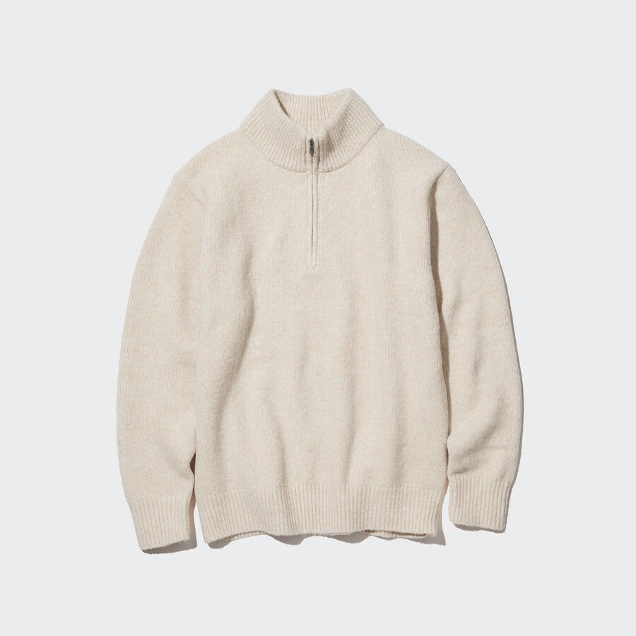 uniqlo souffle garn herrtröjor med halv dragkedja beige