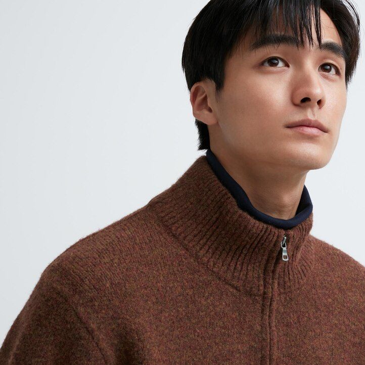 uniqlo souffle garn herrtröjor med halv dragkedja beige