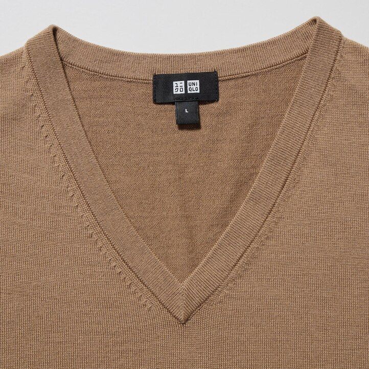grå uniqlo 100 extra fin merinoullströja med v-ringning för män