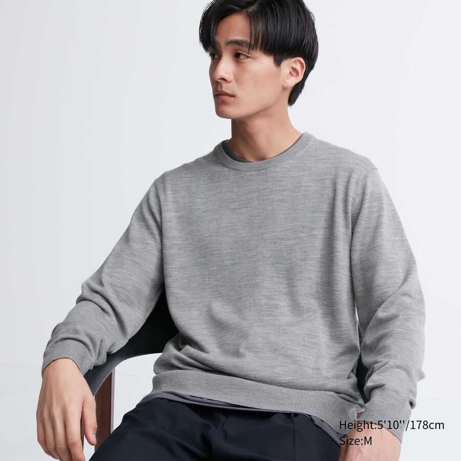 grå uniqlo extra fine merinoulltröja med rund hals för män