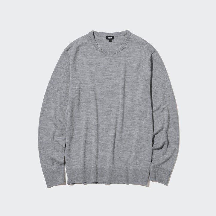 grå uniqlo extra fine merinoulltröja med rund hals för män