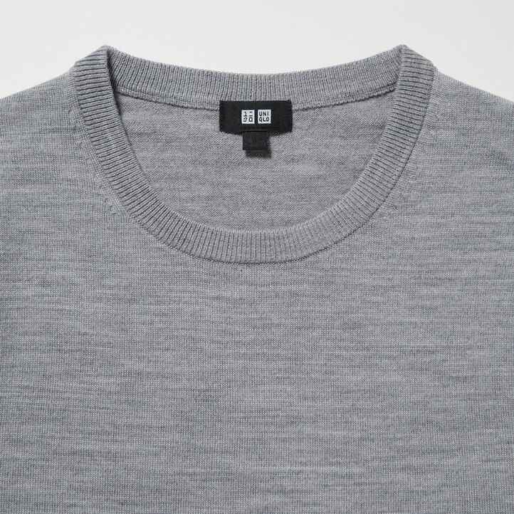 grå uniqlo extra fine merinoulltröja med rund hals för män