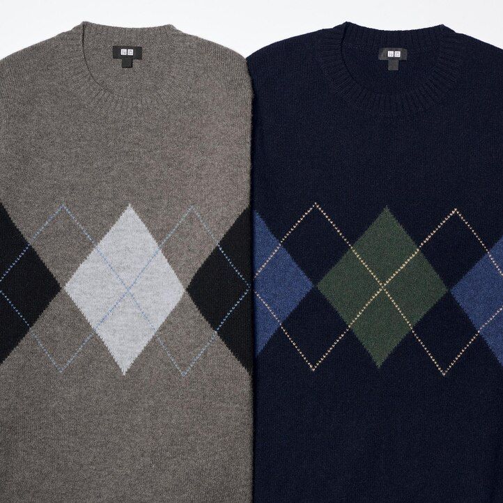 marinblå uniqlo premium lammullströjor med argyle-krage för män