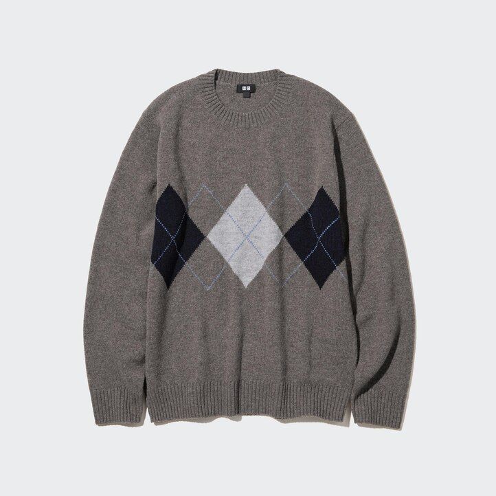 marinblå uniqlo premium lammullströjor med argyle-krage för män