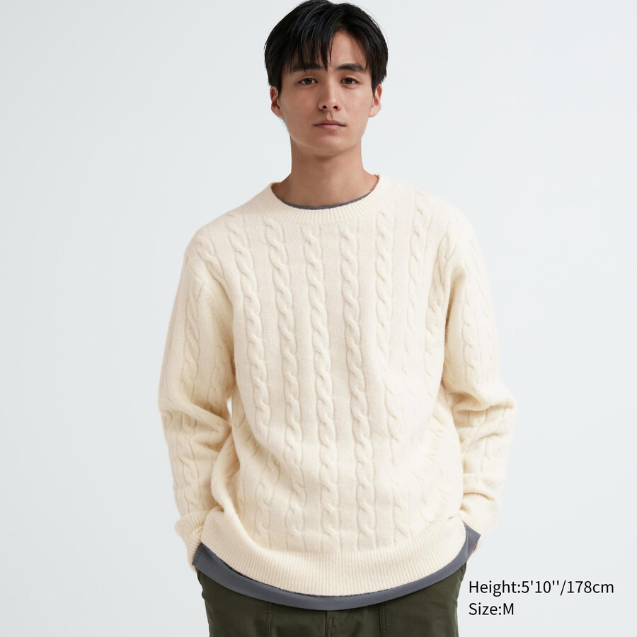 herr uniqlo souffle yarnble knit rund halsad tröja vita