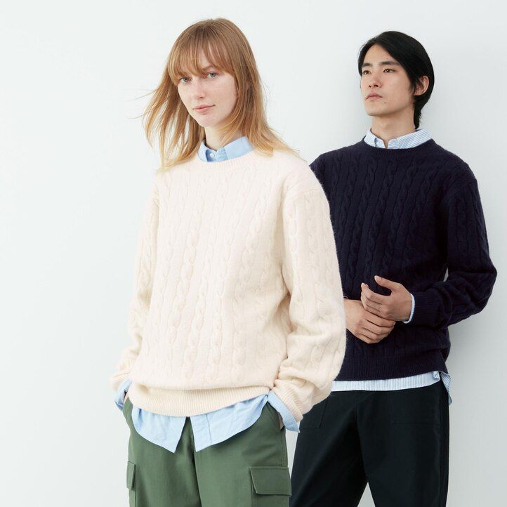 herr uniqlo souffle yarnble knit rund halsad tröja vita