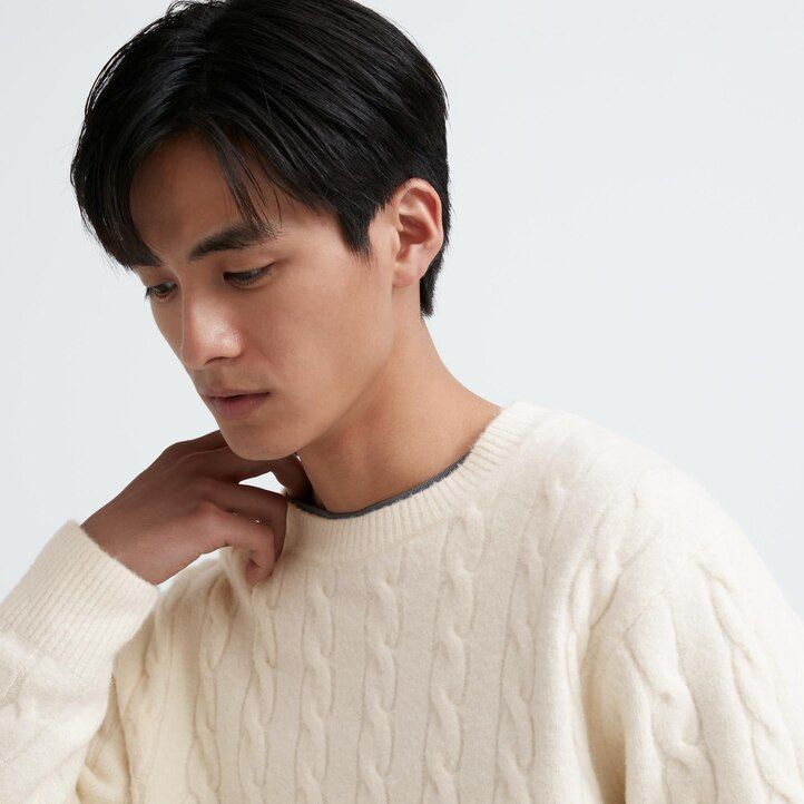 herr uniqlo souffle yarnble knit rund halsad tröja vita