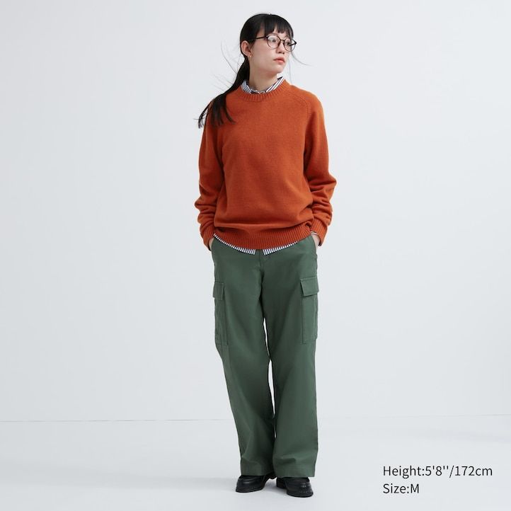 orange uniqlo premium lammullströjor med rund hals för herrar