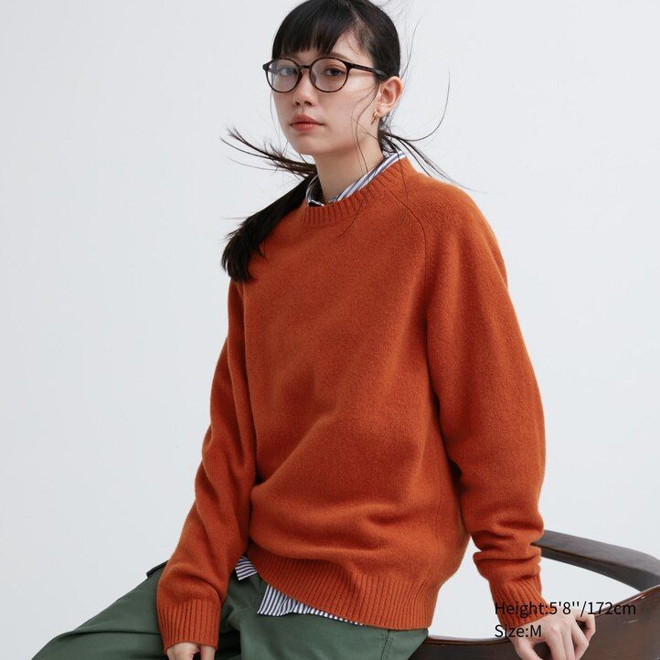 orange uniqlo premium lammullströjor med rund hals för herrar