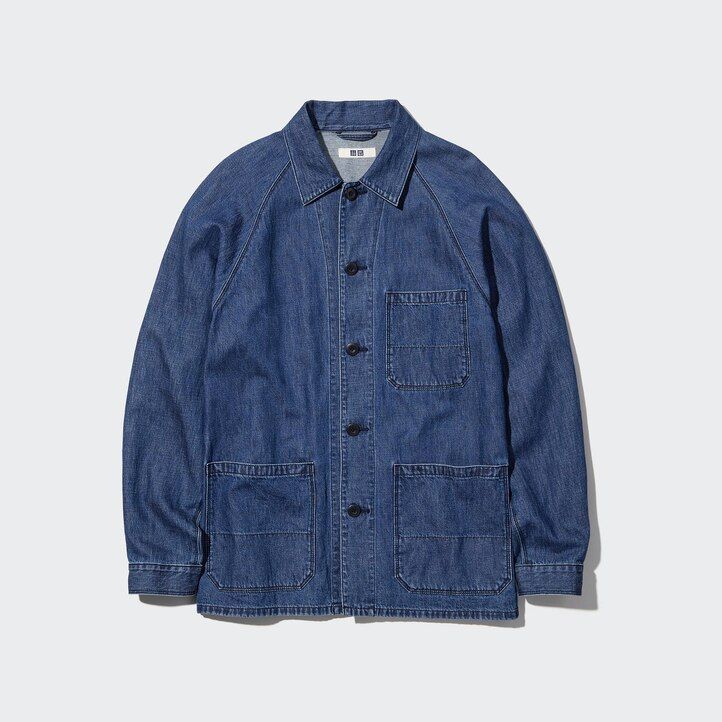 blå herr uniqlo bomullslinneblandad utility-överskjorta