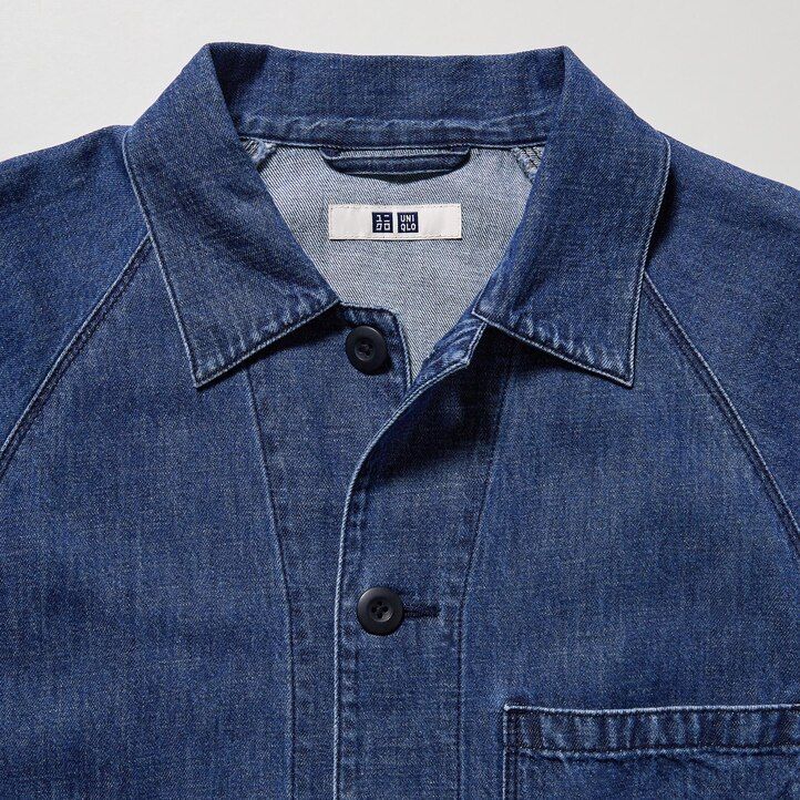 blå herr uniqlo bomullslinneblandad utility-överskjorta