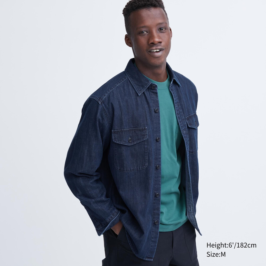 uniqlo denim oversized utility herrskjorta blå