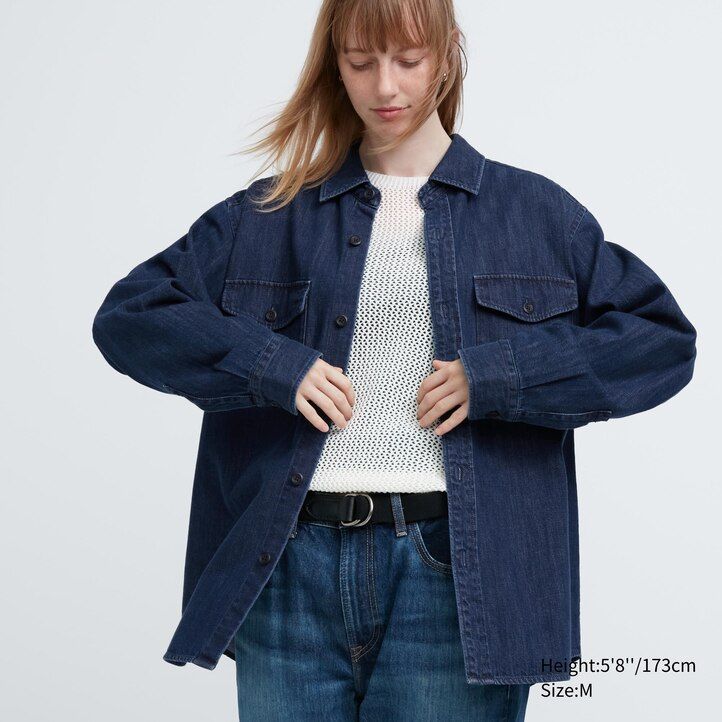 uniqlo denim oversized utility herrskjorta blå