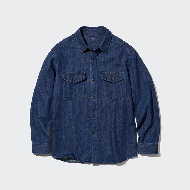 uniqlo denim oversized utility herrskjorta blå