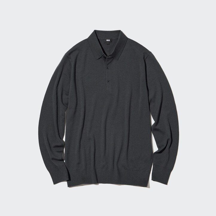 svart uniqlo pikétröja med 100 extra fin merinoullsärm för män