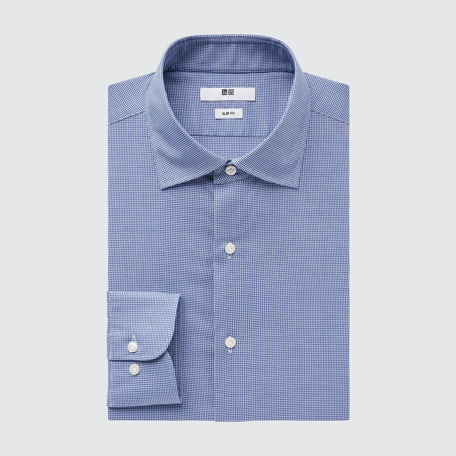 blå uniqlo easyre stretch slim fit rutig semi cutaway krage herrskjortor