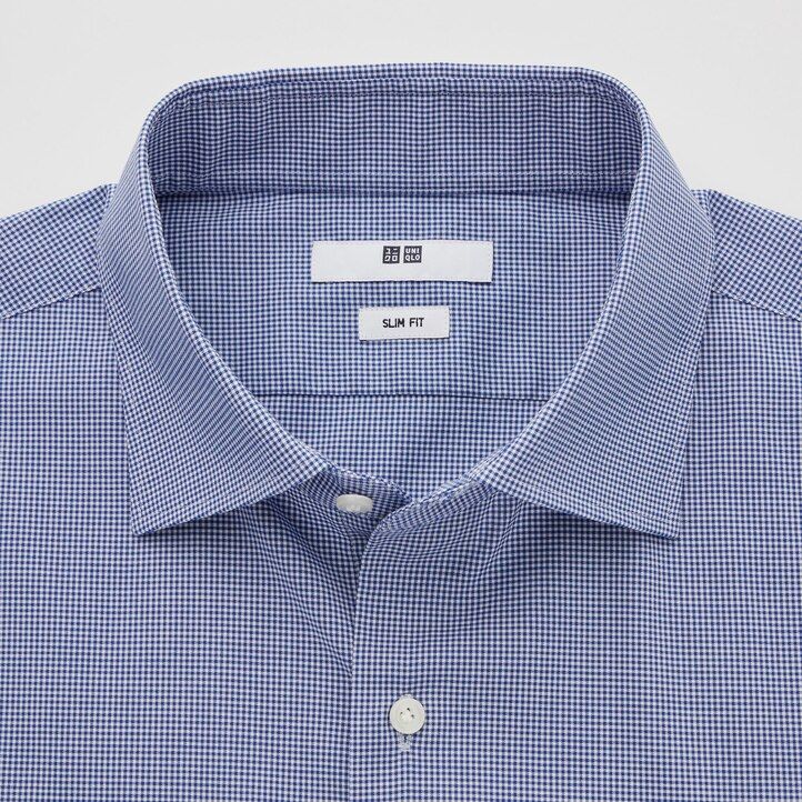 blå uniqlo easyre stretch slim fit rutig semi cutaway krage herrskjortor