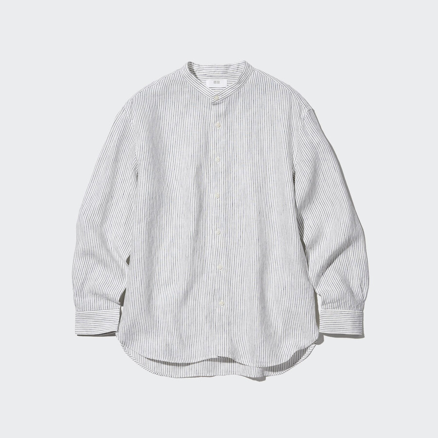 blå uniqlo 100 premium linne randig regular fit t-shirt herrskjortor med morfarskrage