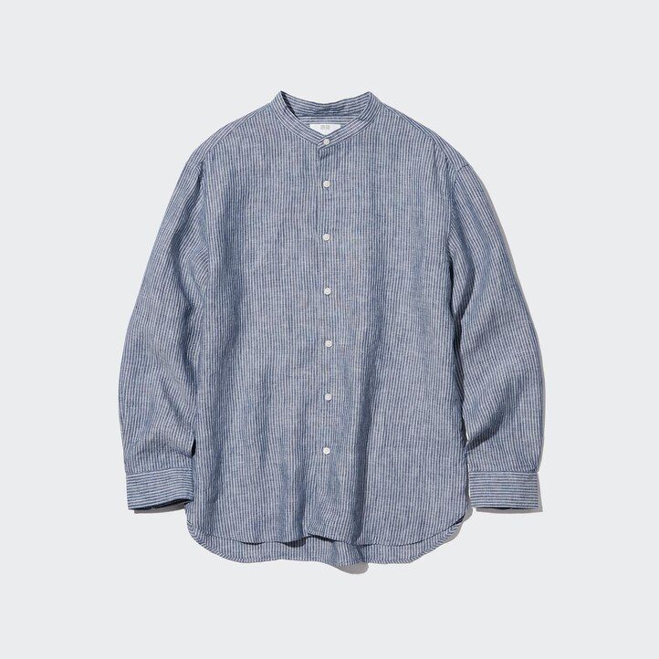 blå uniqlo 100 premium linne randig regular fit t-shirt herrskjortor med morfarskrage