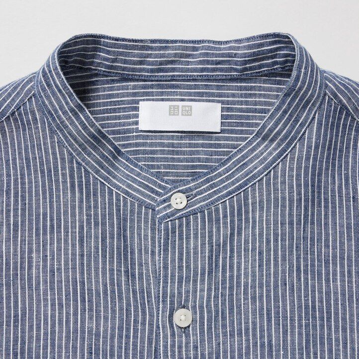 blå uniqlo 100 premium linne randig regular fit t-shirt herrskjortor med morfarskrage