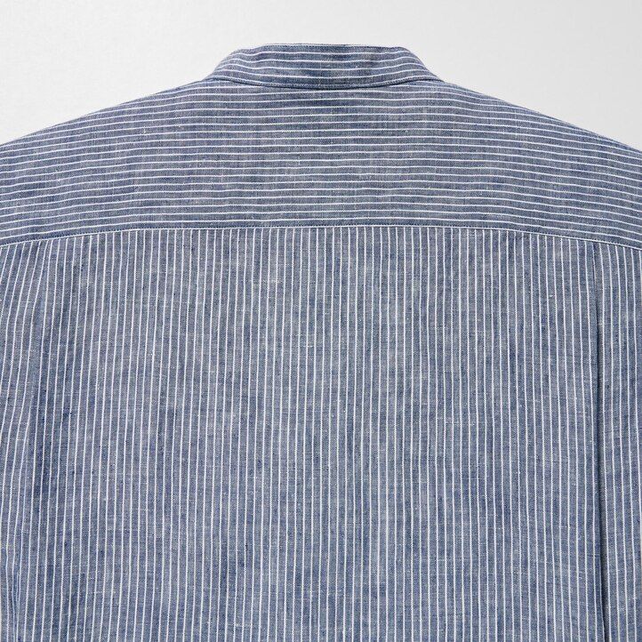 blå uniqlo 100 premium linne randig regular fit t-shirt herrskjortor med morfarskrage