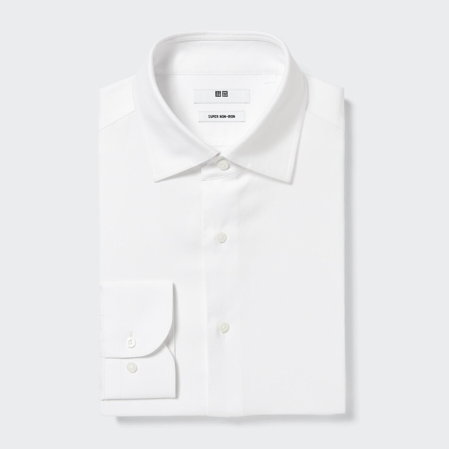 vit uniqlo super non iron regular fit t-shirt med halv cutaway krage herrskjortor