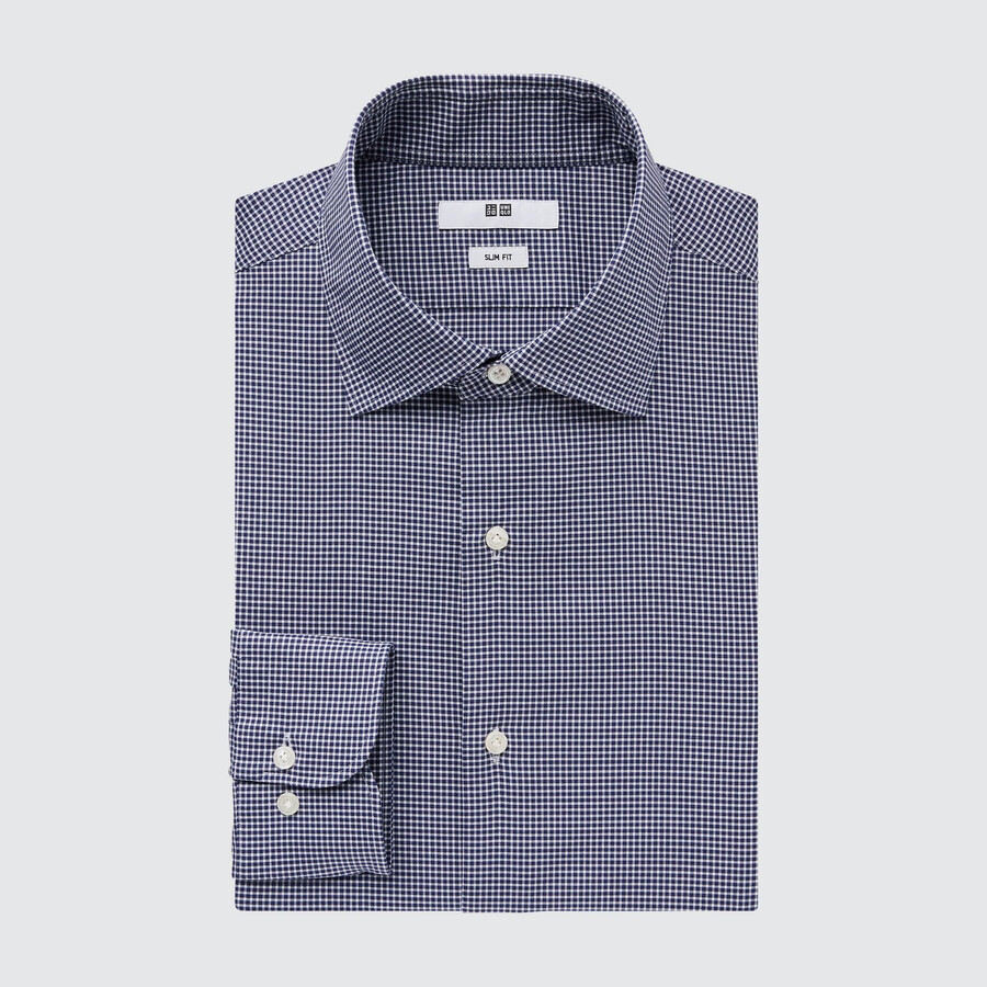 herrskjortor uniqlo easyre stretch slim fit rutiga halv cutaway krage marinblå