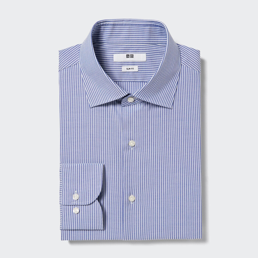 blå uniqlo easyre stretch slim fit randig semi cutaway krage herrskjortor