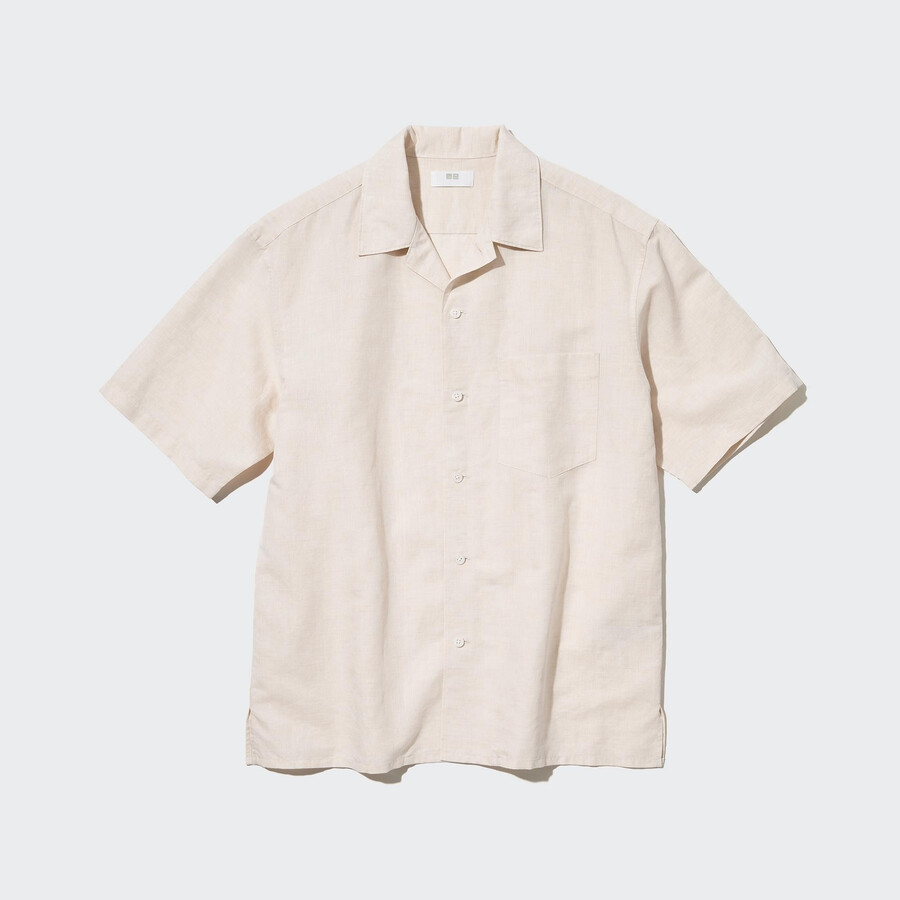 beige uniqlo herrskjortor med öppen krage och linneblandning