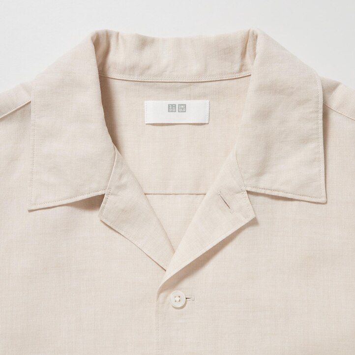 beige uniqlo herrskjortor med öppen krage och linneblandning