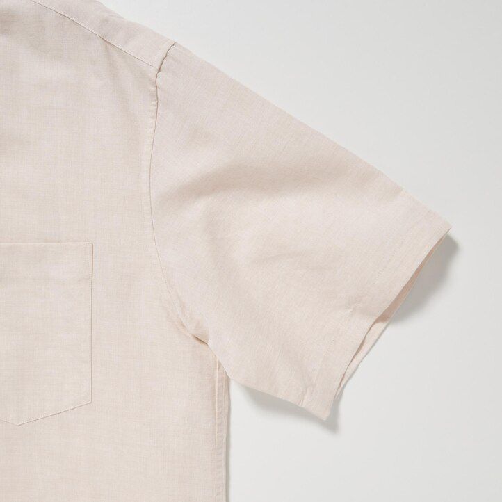 beige uniqlo herrskjortor med öppen krage och linneblandning