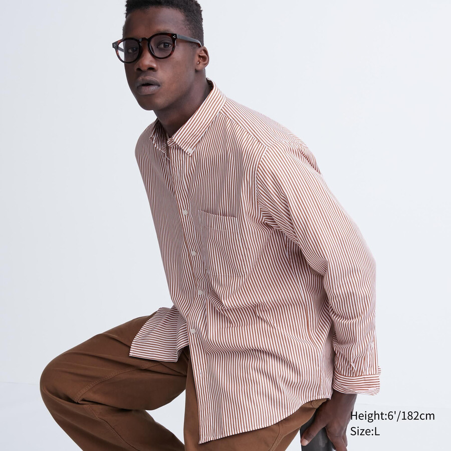 orange uniqlo extra fine cotton broadcloth regular fit randig button down-krage herrskjortor