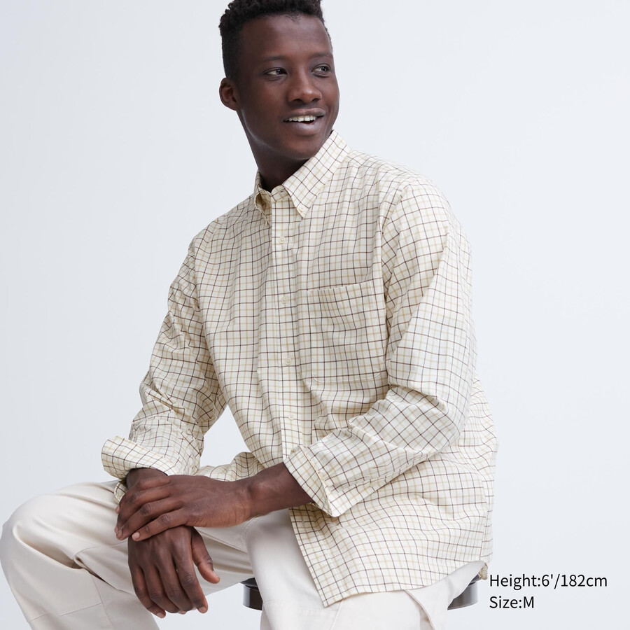 uniqlo extra fine cotton broadcloth regular fit rutig button down krage herrskjortor vita
