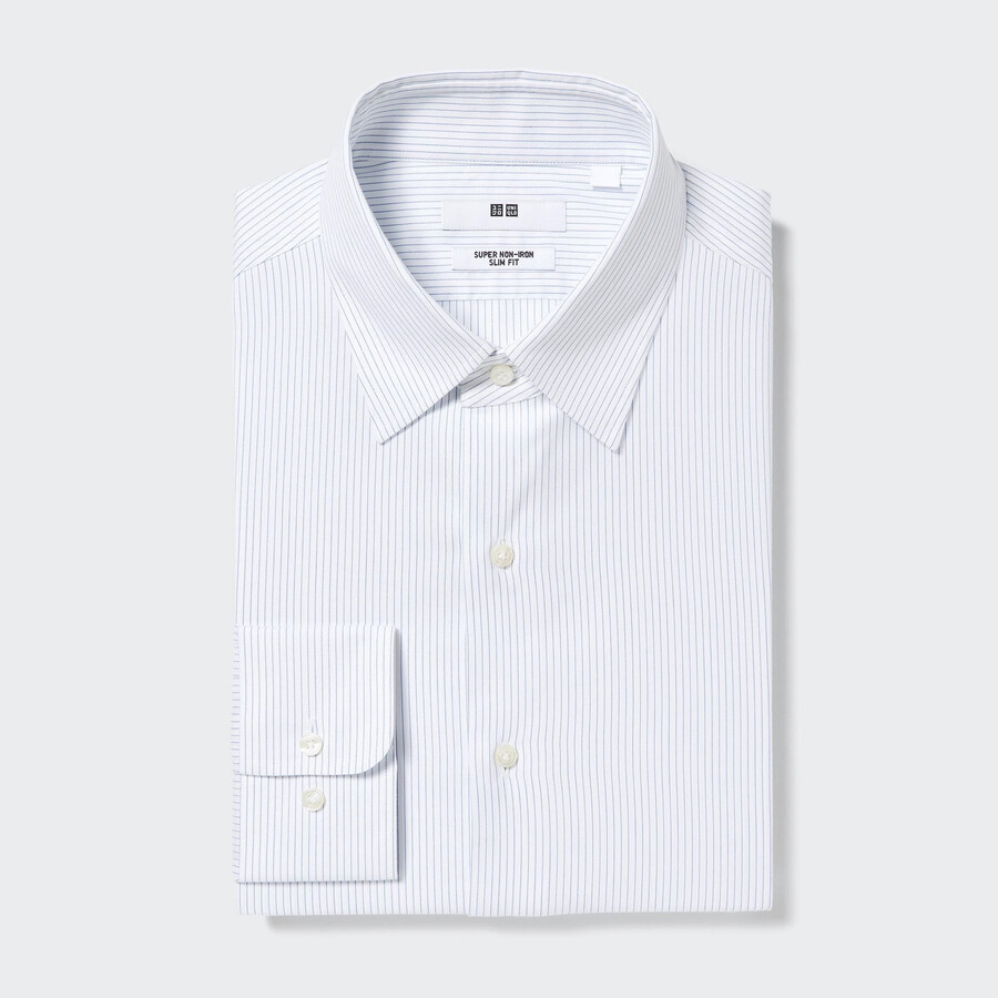 blå uniqlo super non iron slim fit randig herrskjorta med normal krage